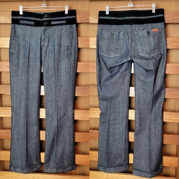 7 For All Mankind Dark Wash and Black Velvet Band Straight Leg Jeans, Sz 27 - Picture 1 of 10